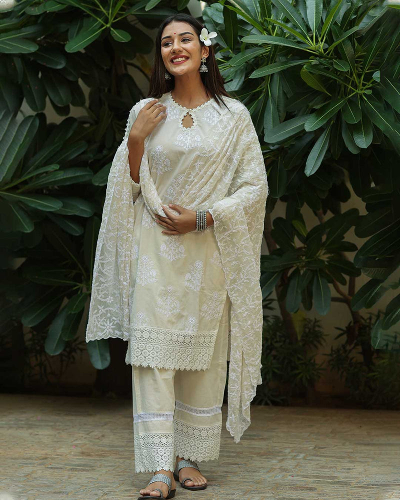 WHITE COTTON SUIT SET WITH EMBROIDERY