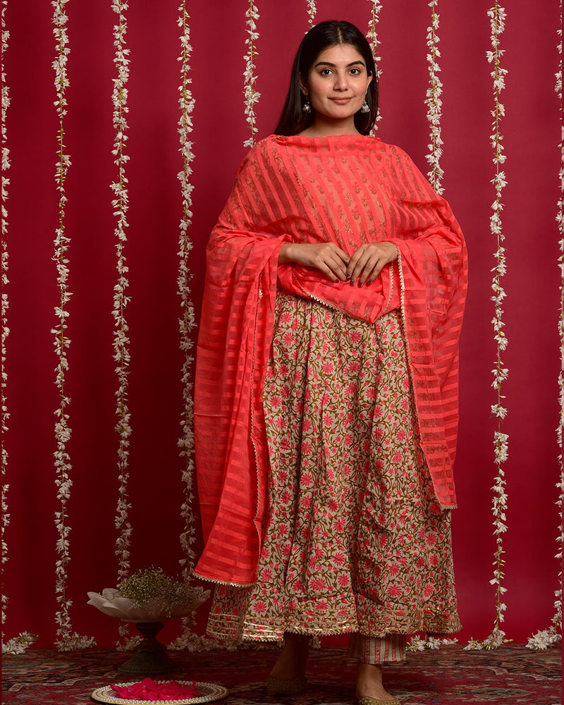 PEACH FLOWER PRINT ANARKALI SUIT SET