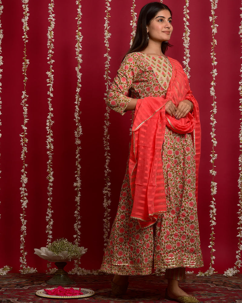 PEACH FLOWER PRINT ANARKALI SUIT SET