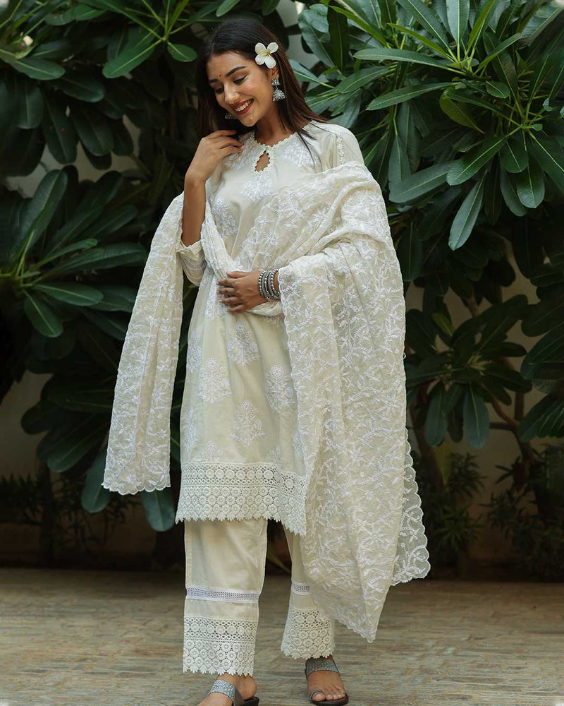WHITE COTTON SUIT SET WITH EMBROIDERY