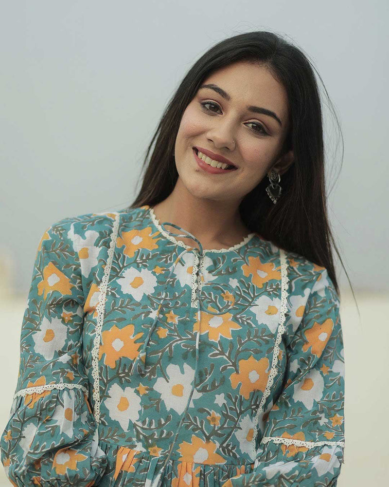 SAGE GREEN COTTON HANDBLOCK DRESS