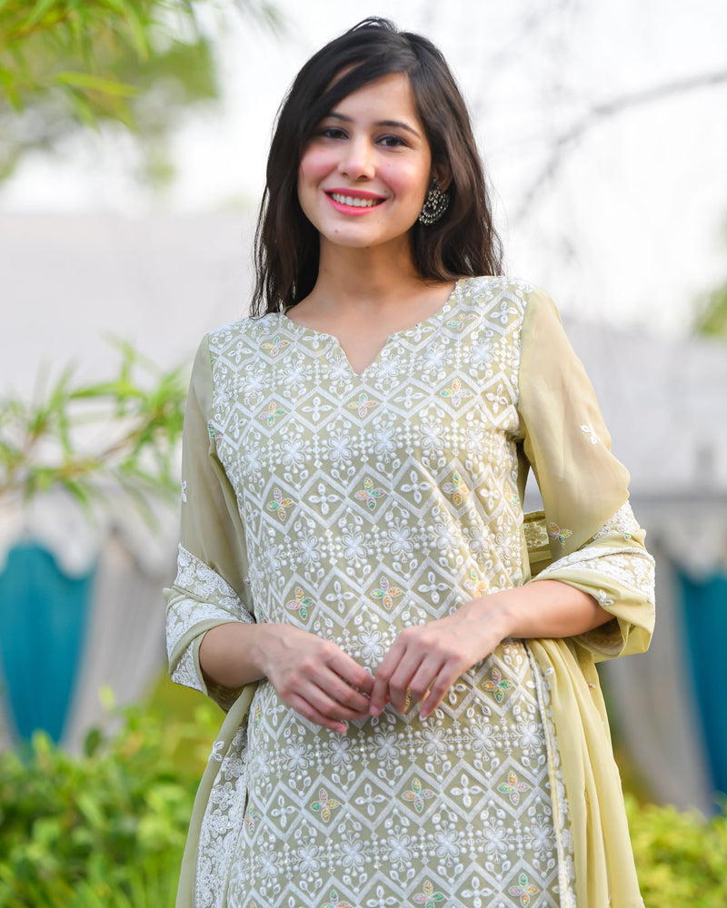 OLIVE GEORGETTE SUIT SET WITH EMBROIDERY