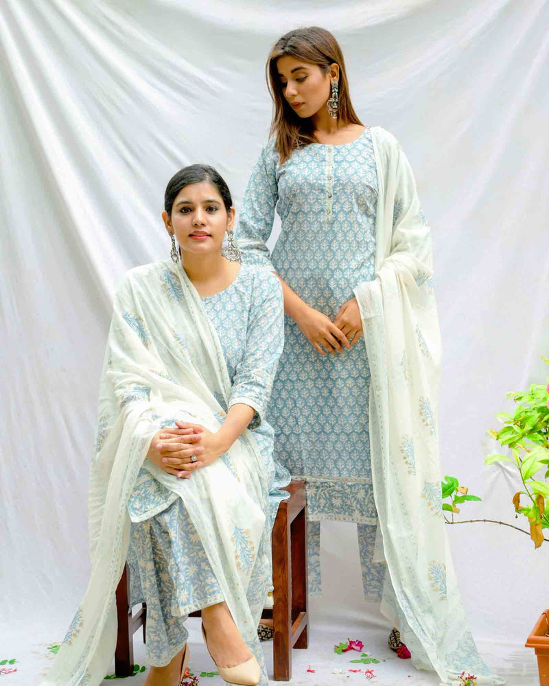 LIGHT BLUE HANDBLOCK SUIT SET