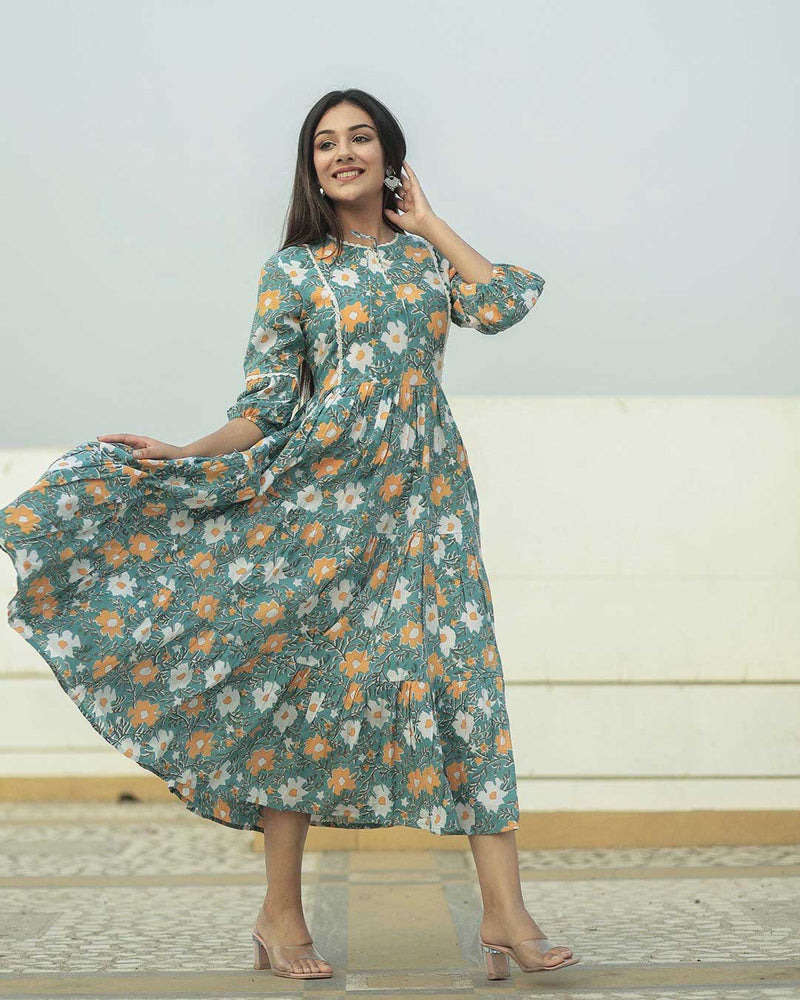 SAGE GREEN COTTON HANDBLOCK DRESS