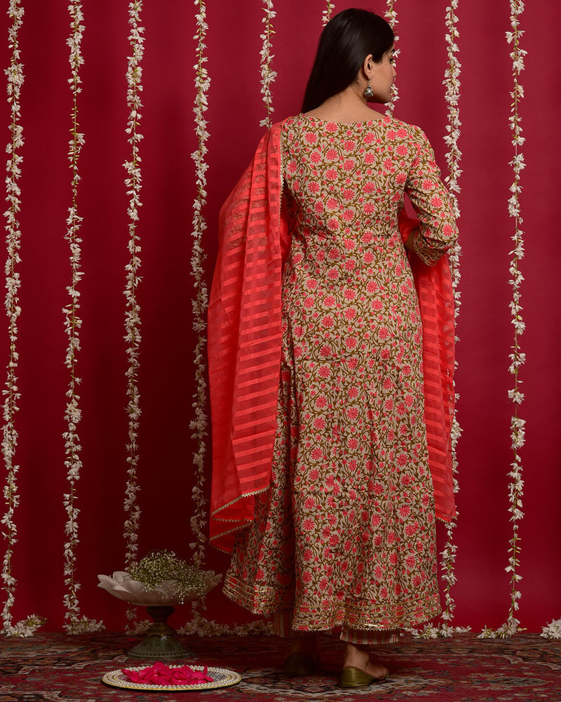 PEACH FLOWER PRINT ANARKALI SUIT SET