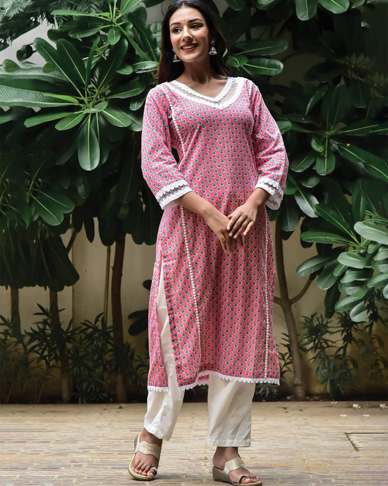 PINK COTTON KURTA WITH LACE