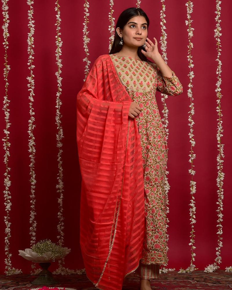 PEACH FLOWER PRINT ANARKALI SUIT SET