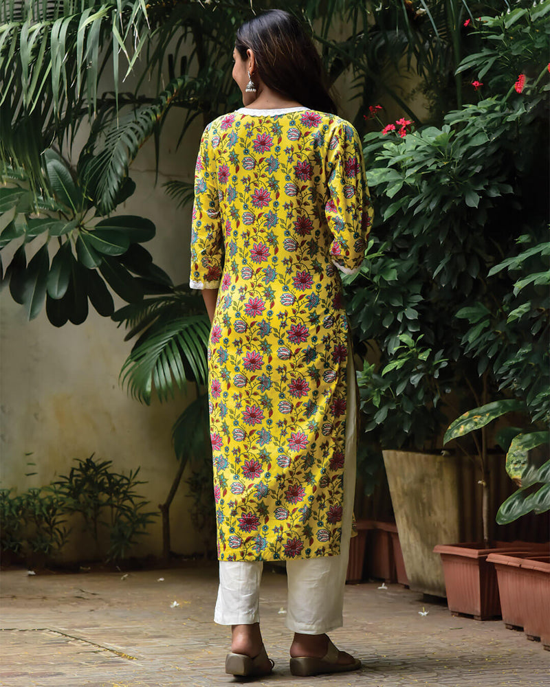 YELLOW FLORAL KURTA WITH LACE