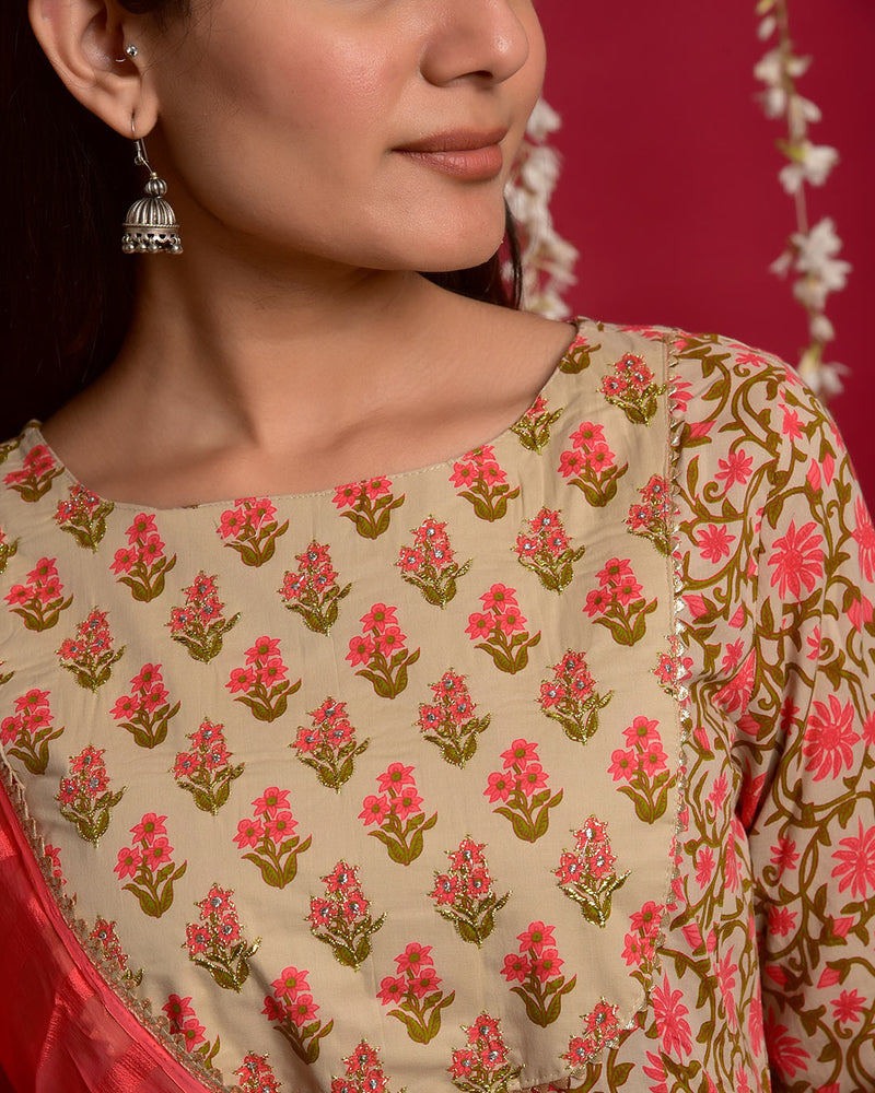 PEACH FLOWER PRINT ANARKALI SUIT SET