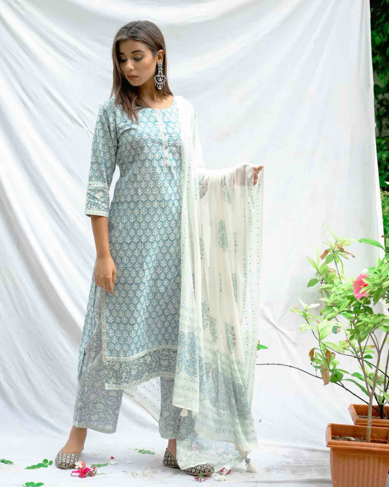 LIGHT BLUE HANDBLOCK SUIT SET