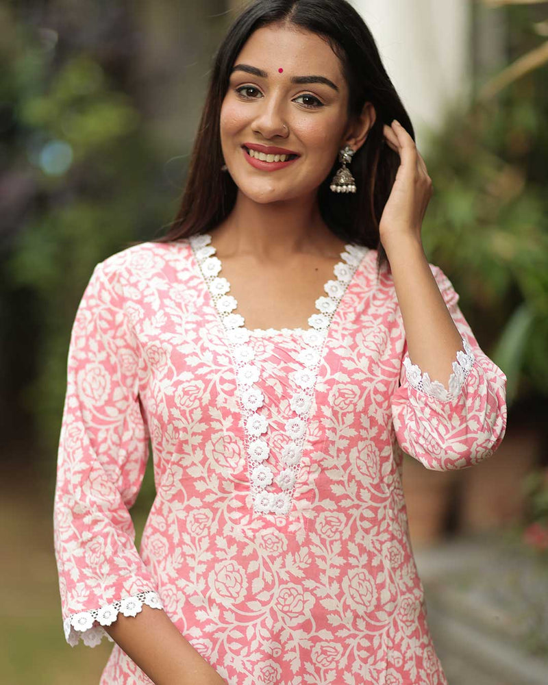 PINK ROSE KURTA WITH LACE