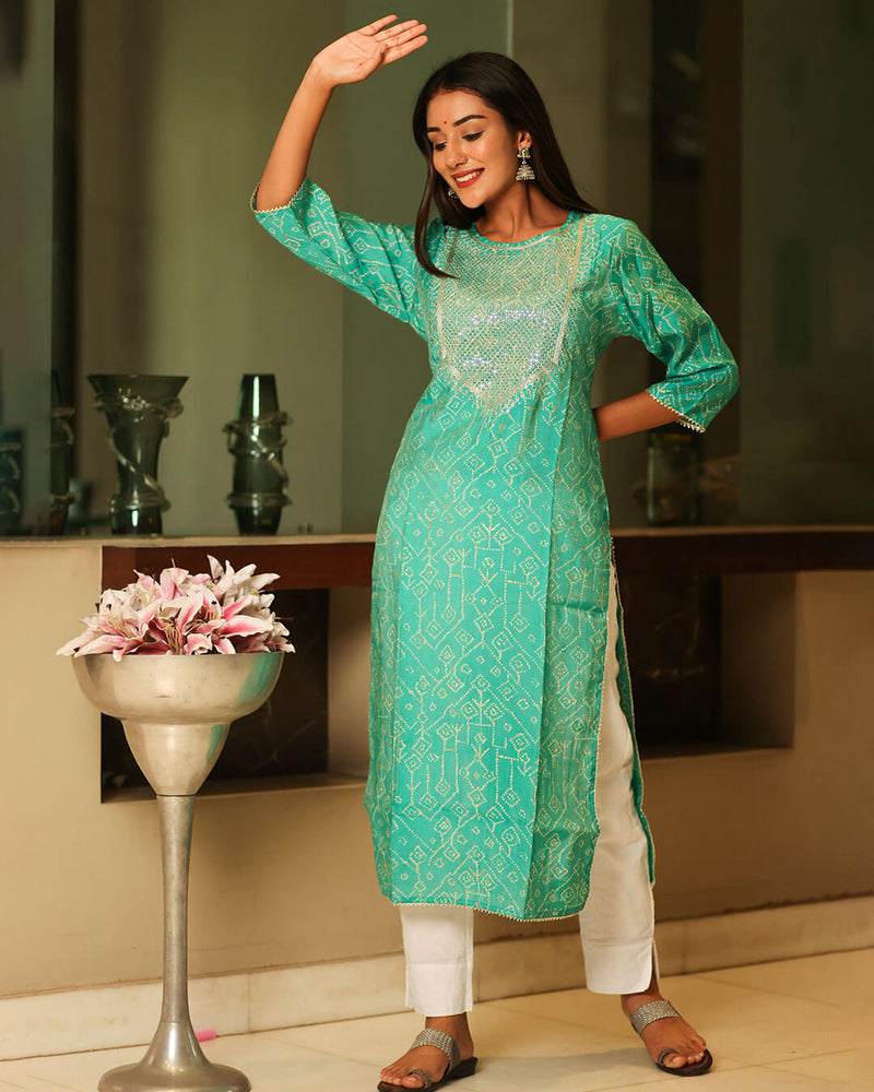 TURQUOISE MUSLIN KURTA WITH GOTTA WORK