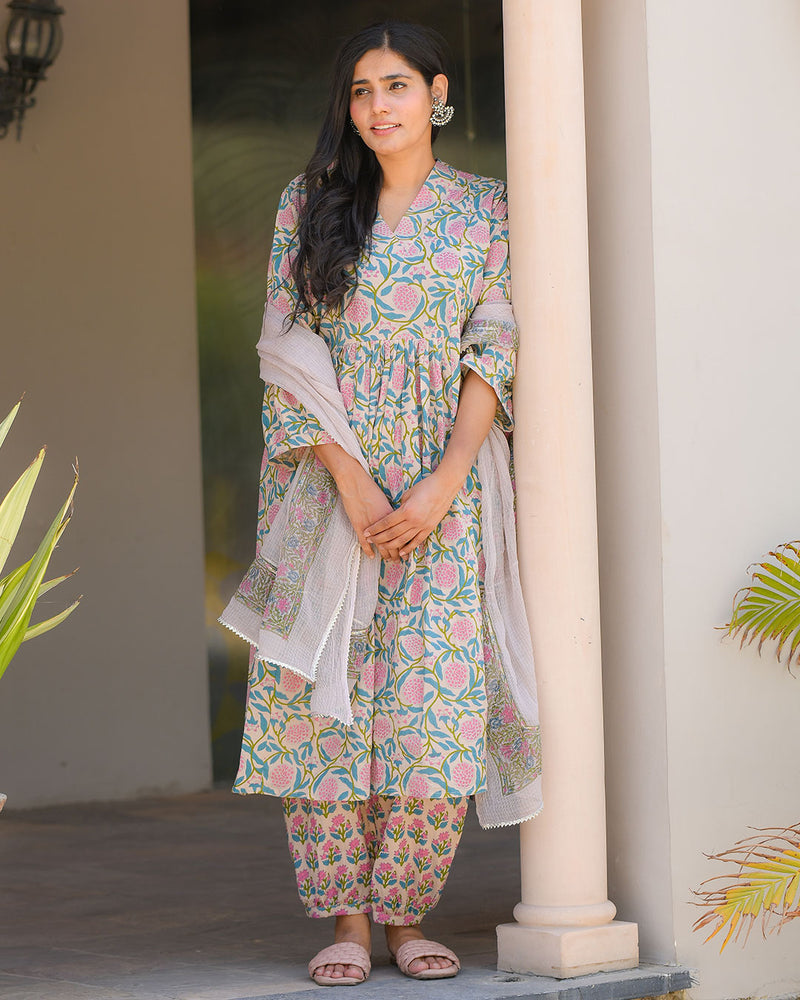 PINK & BLUE COTTON HANDBLOCK SUIT SET