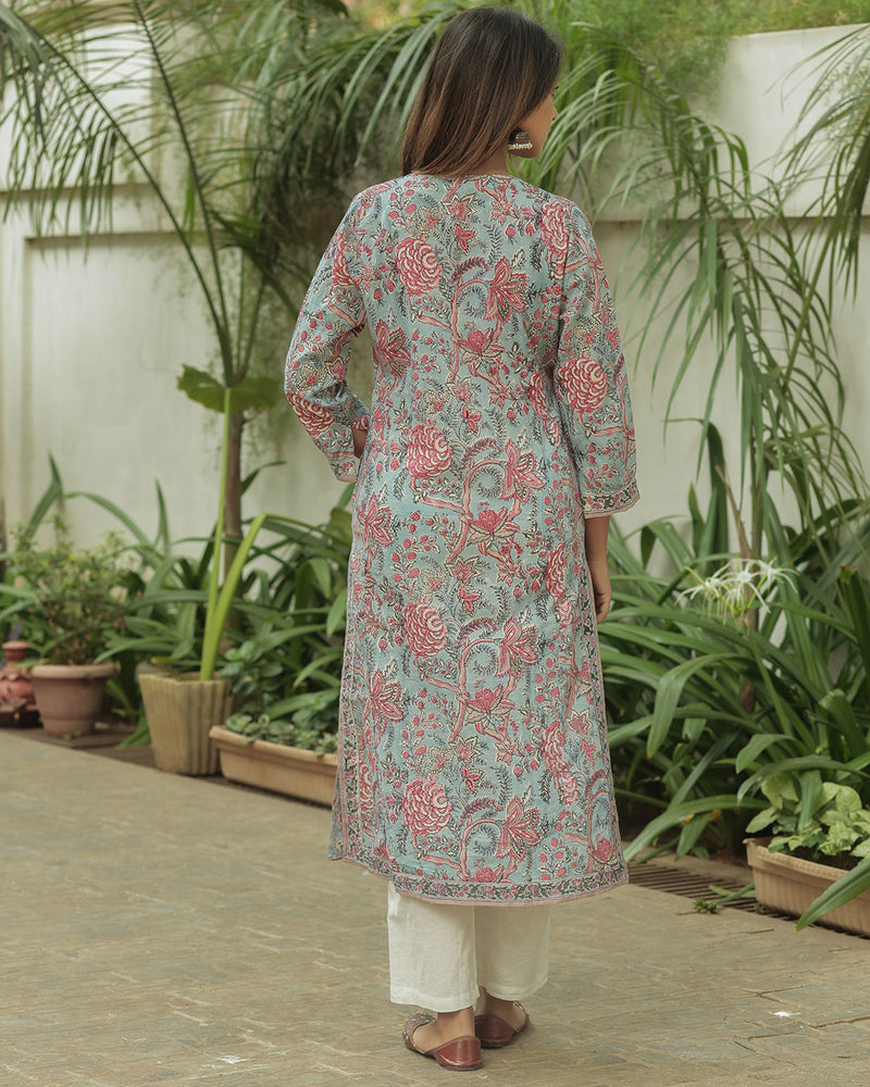SAGE GREEN HANDBLOCK KURTA
