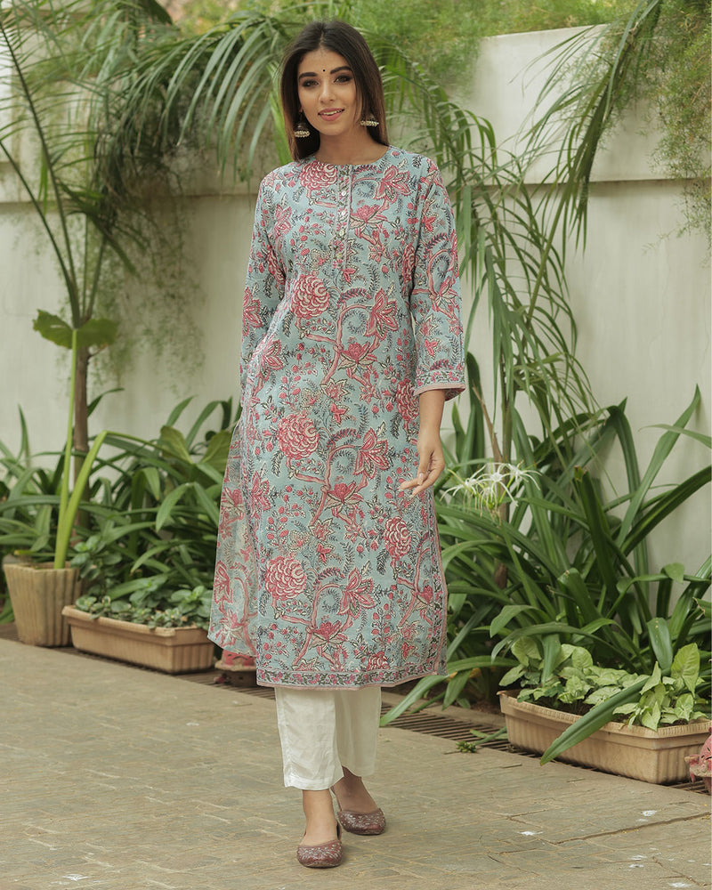 SAGE GREEN HANDBLOCK KURTA