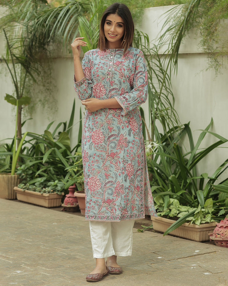 SAGE GREEN HANDBLOCK KURTA