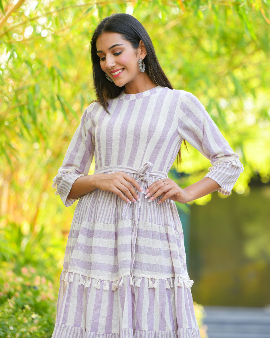 WHITE & PURPLE KHADI COTTON DRESS