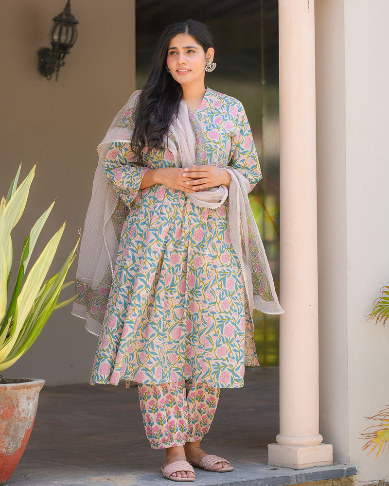 PINK & BLUE COTTON HANDBLOCK SUIT SET