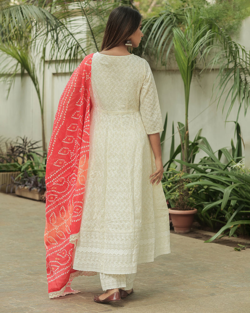 WHITE SHIFLI COTTON SUIT SET WITH BANDHEJ DUPATTA