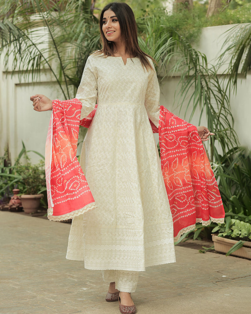 WHITE SHIFLI COTTON SUIT SET WITH BANDHEJ DUPATTA