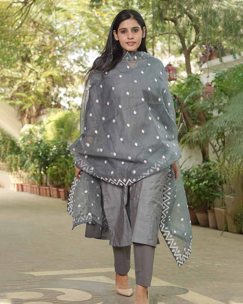 GREY SUIT SET WITH ORGANZA DUPATTA