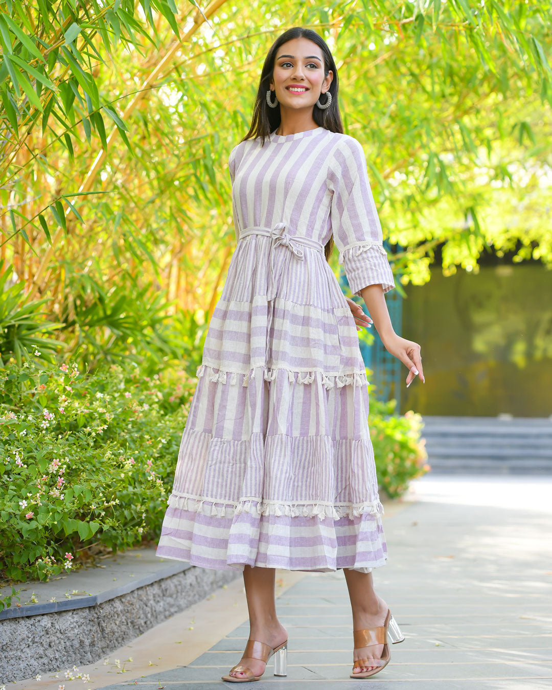 WHITE & PURPLE KHADI COTTON DRESS