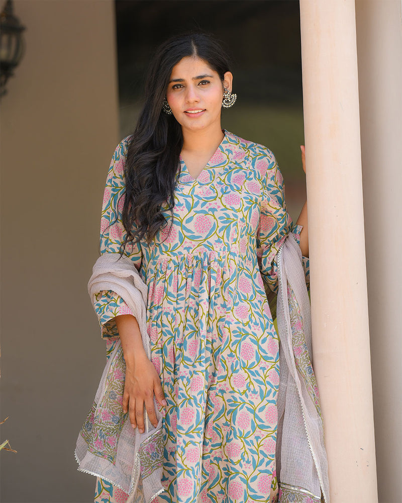 PINK & BLUE COTTON HANDBLOCK SUIT SET