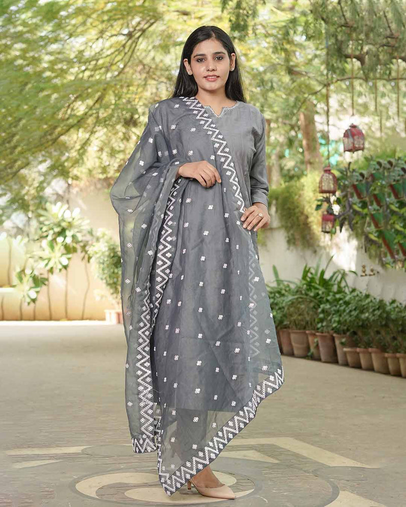 GREY SUIT SET WITH ORGANZA DUPATTA