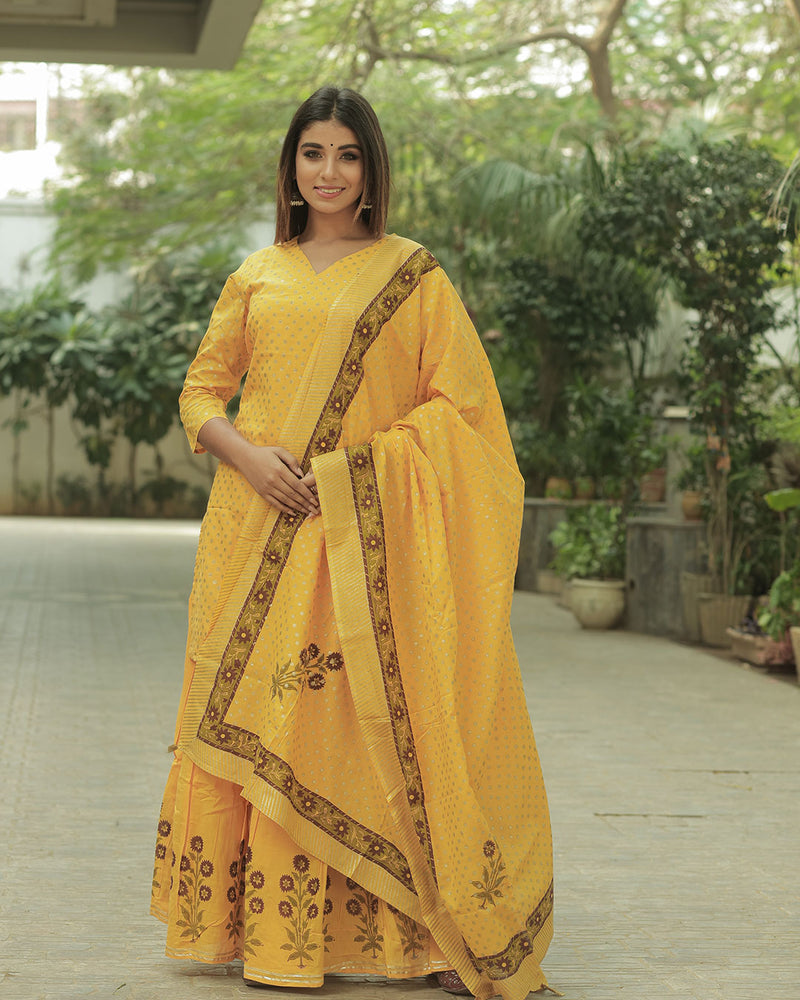 MUSTARD HANDBLOCK SHARARA SET