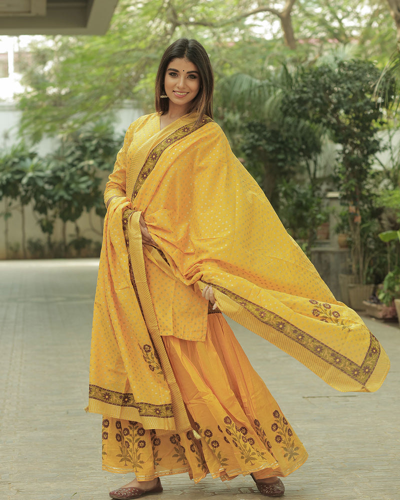 MUSTARD HANDBLOCK SHARARA SET