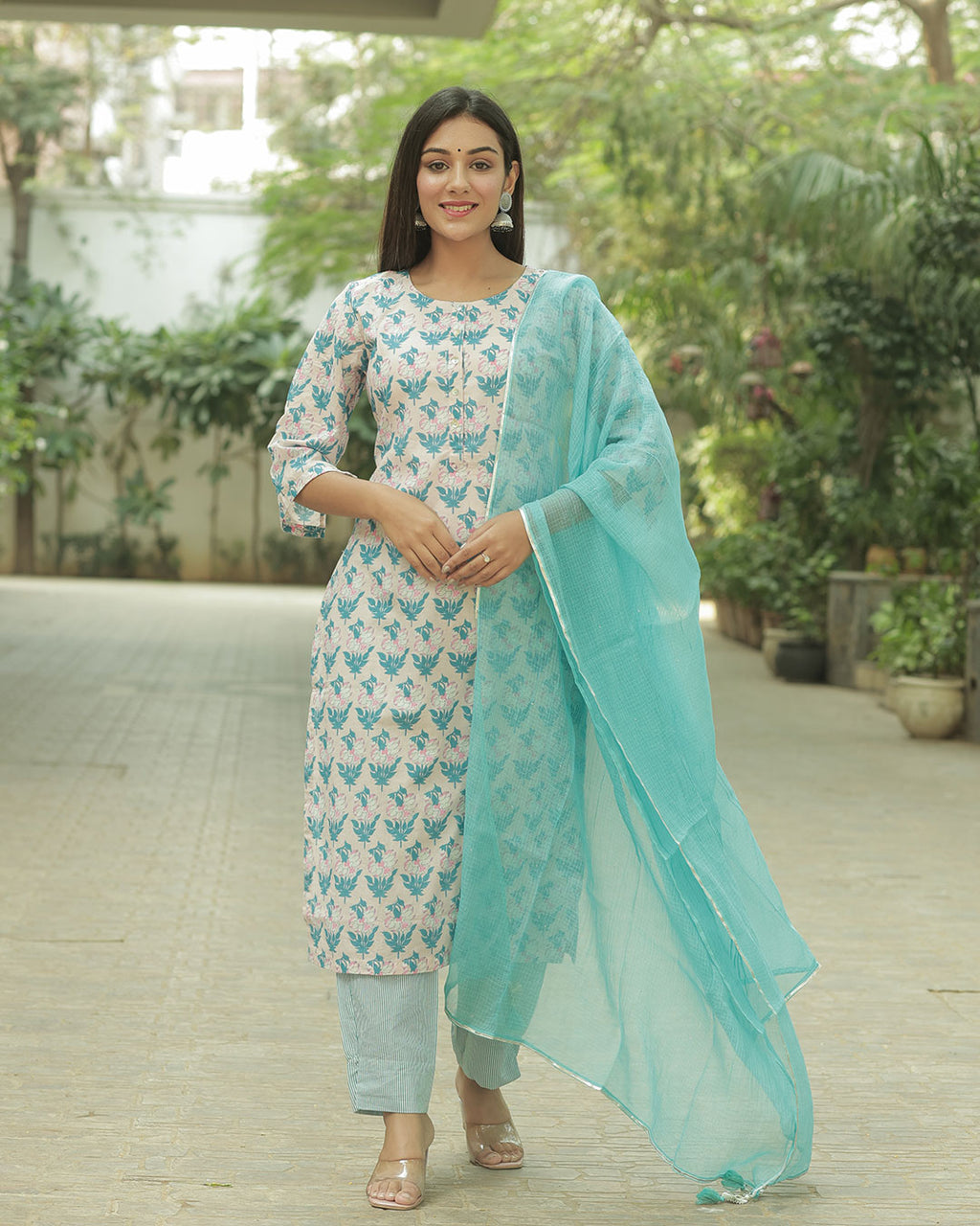 AQUA BLUE COTTON HANDBLOCK SUIT SET