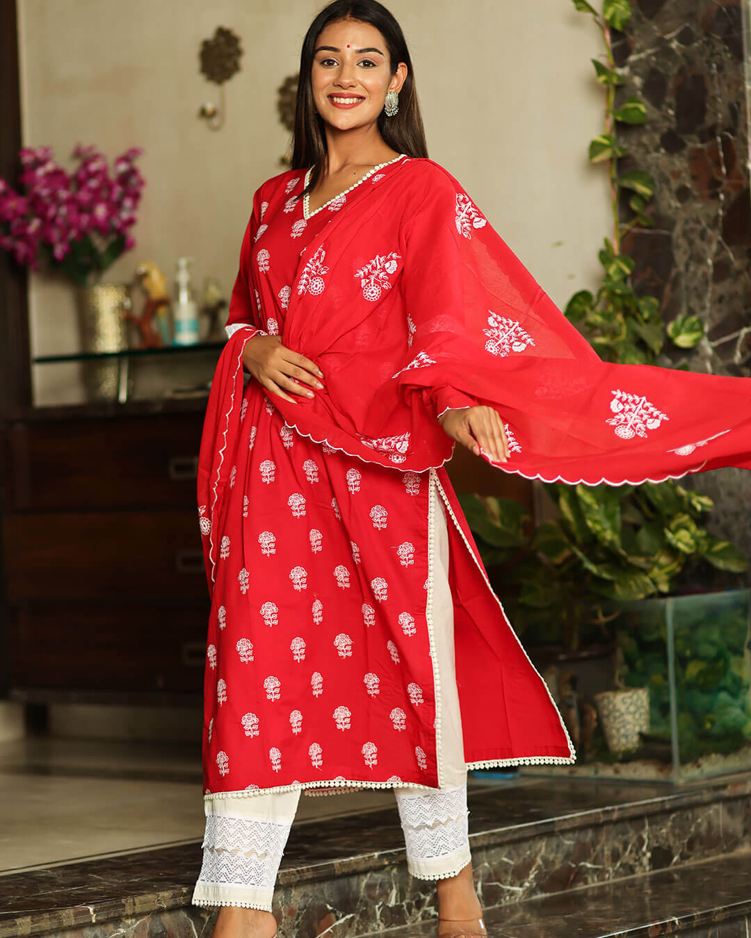 RED & WHITE SUIT SET WITH LACE WORK