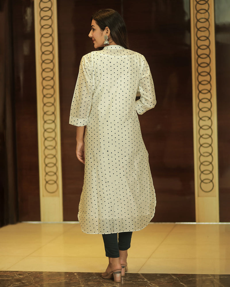 WHITE DOTTED CHANDERI KURTA WITH INNER