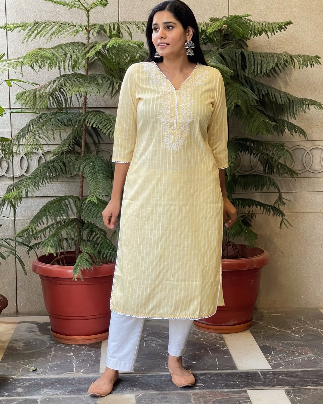 LIME YELLOW COTTON KURTA WITH EMBROIDERY