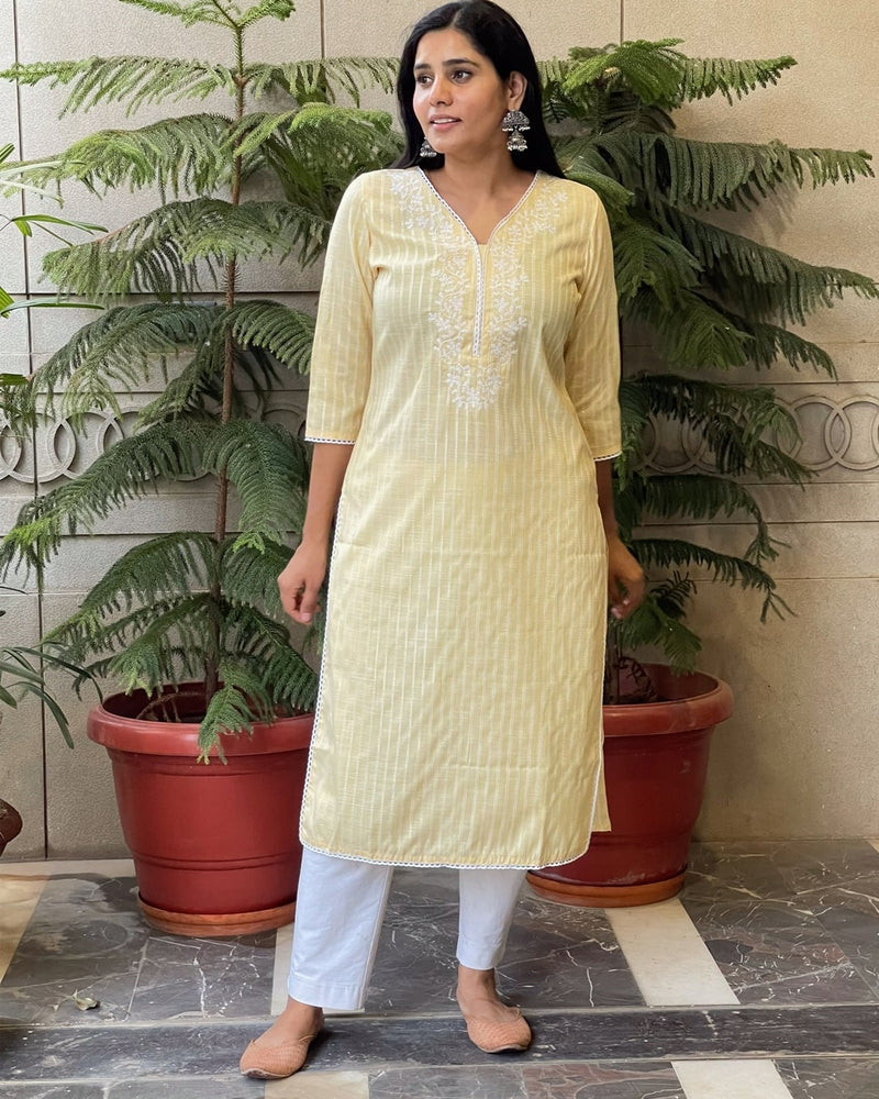 LIME YELLOW COTTON KURTA WITH EMBROIDERY