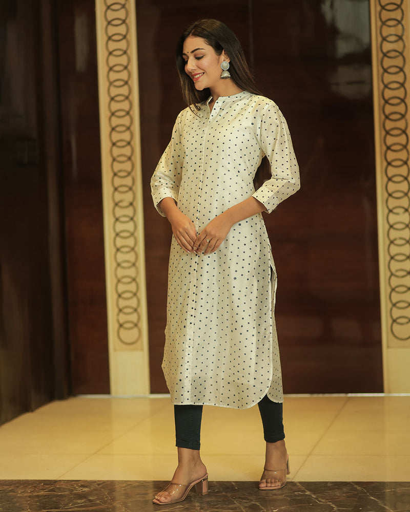 WHITE DOTTED CHANDERI KURTA WITH INNER