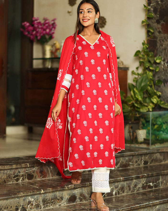 RED & WHITE SUIT SET WITH LACE WORK