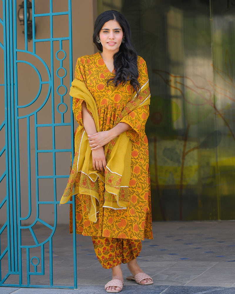 MUSTARD COTTON HANDBLOCK SUIT SET