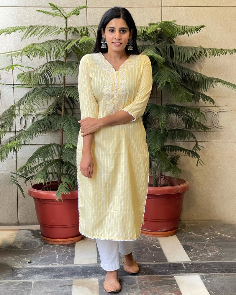 LIME YELLOW COTTON KURTA WITH EMBROIDERY