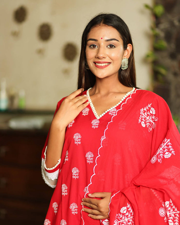 RED & WHITE SUIT SET WITH LACE WORK
