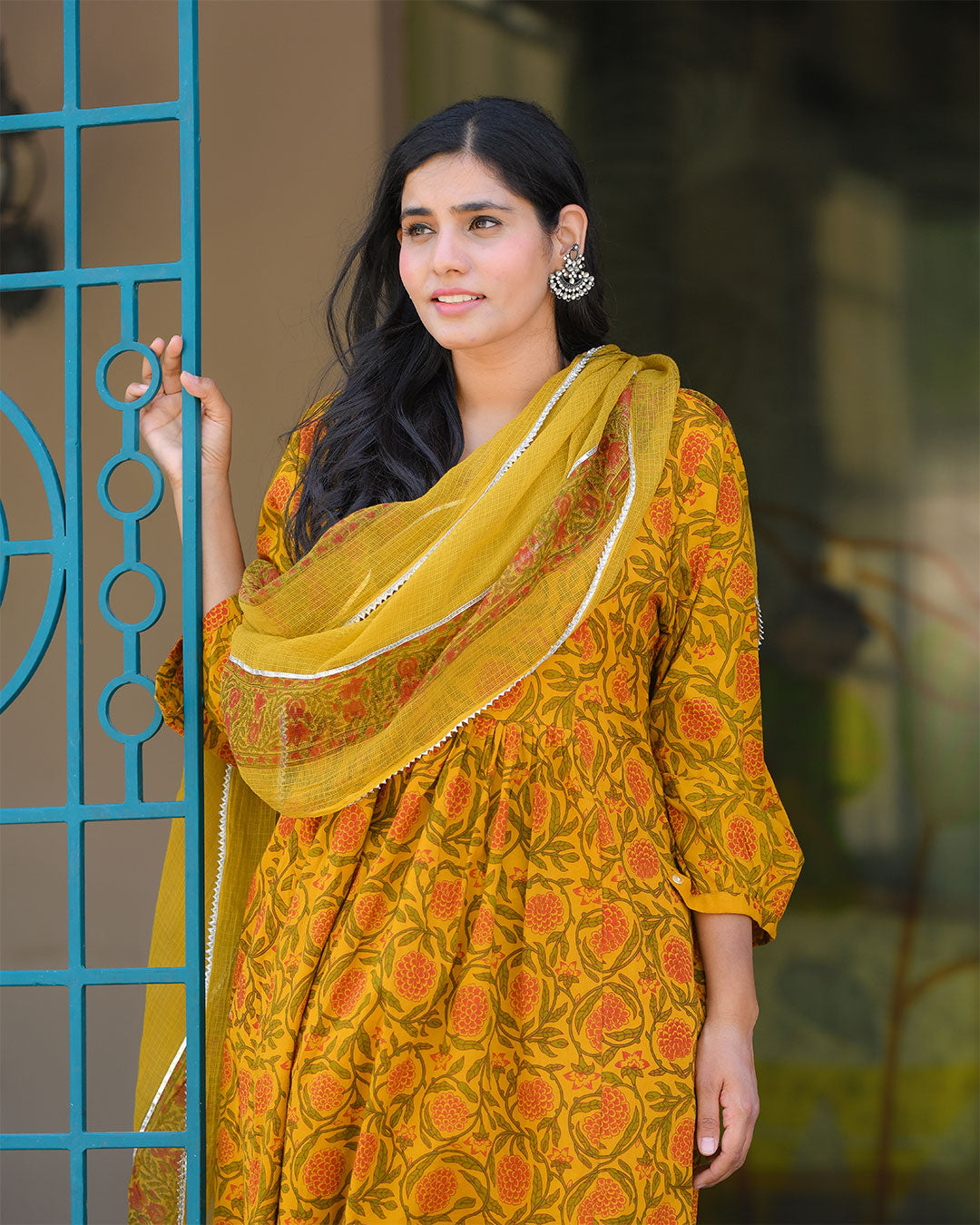 MUSTARD COTTON HANDBLOCK SUIT SET