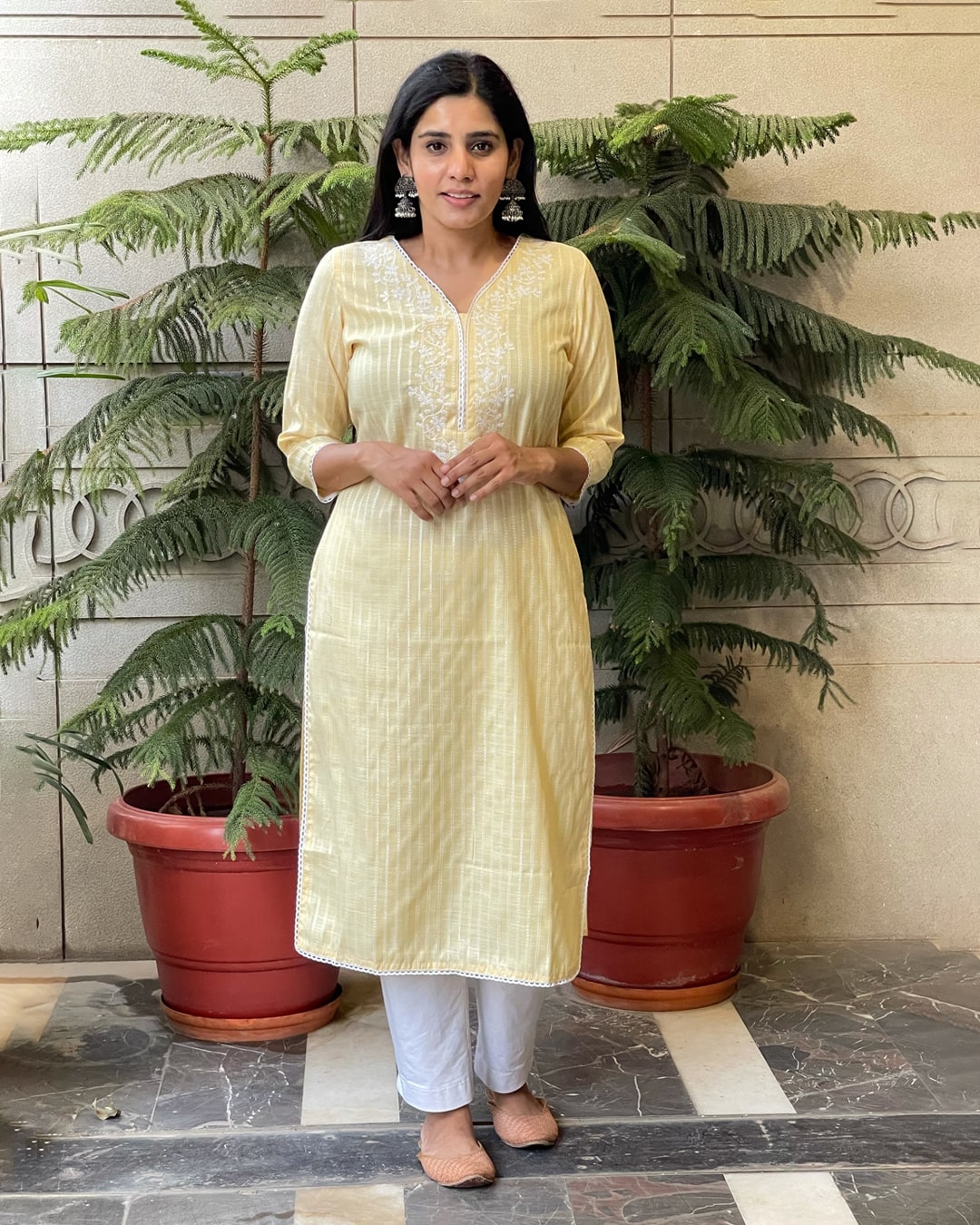 LIME YELLOW COTTON KURTA WITH EMBROIDERY