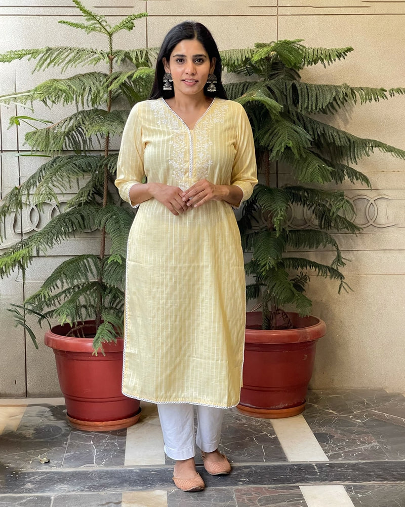 LIME YELLOW COTTON KURTA WITH EMBROIDERY