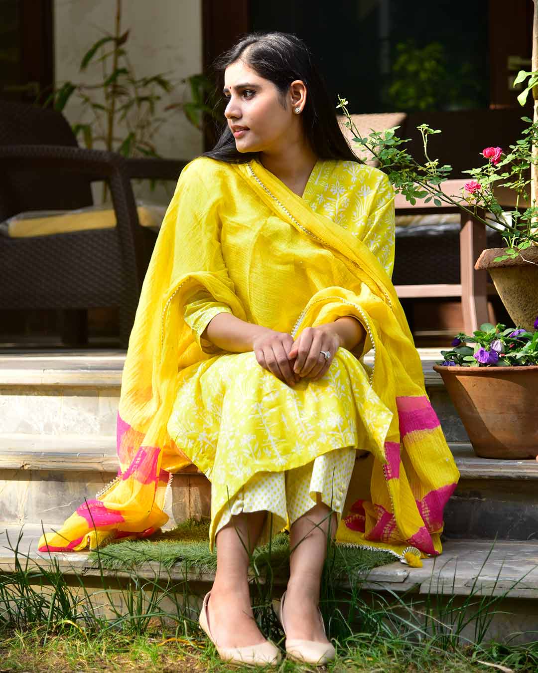 LIME GREEN & YELLOW HANDBLOCK SUIT SET