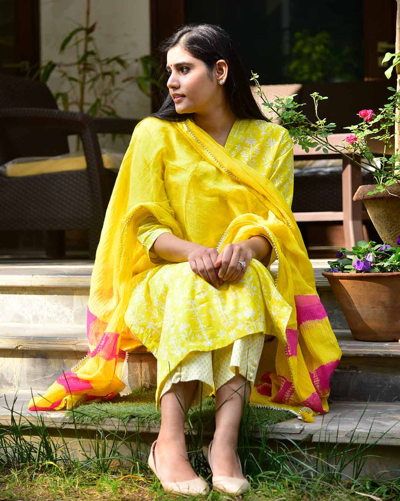 LIME GREEN & YELLOW HANDBLOCK SUIT SET