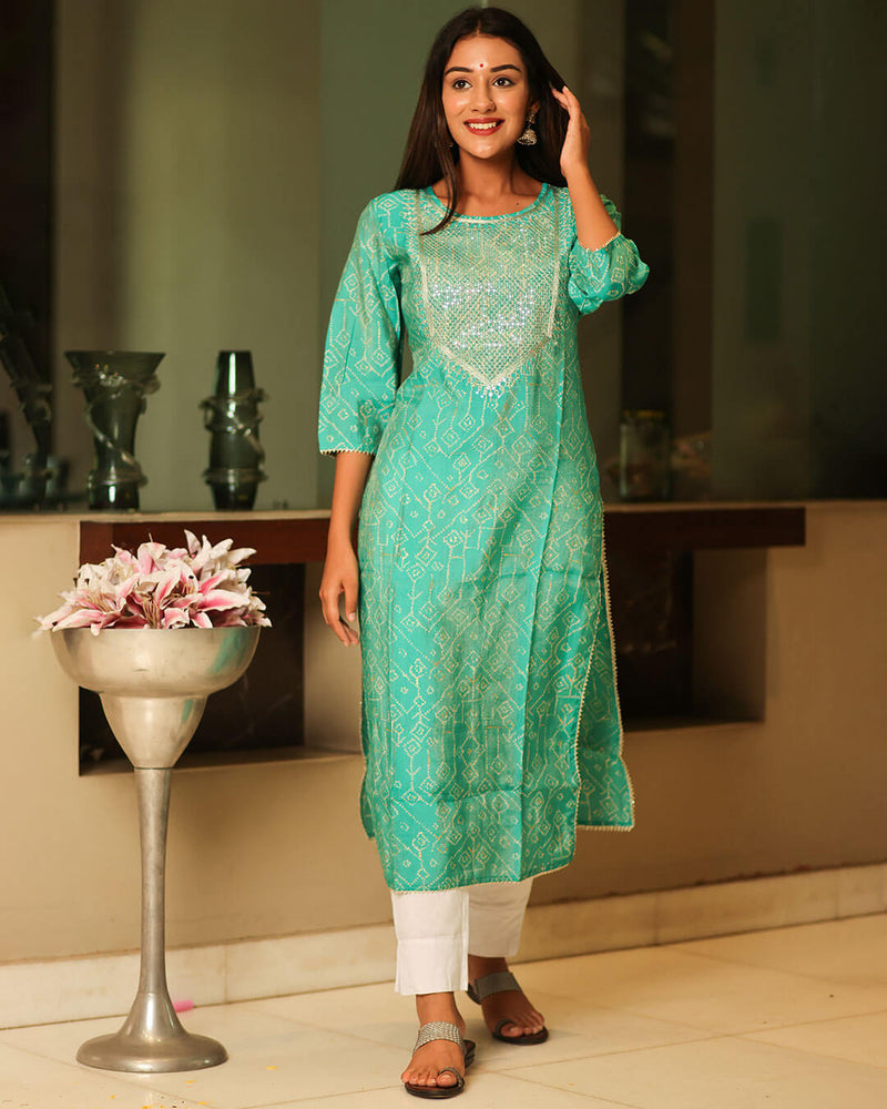 TURQUOISE MUSLIN KURTA WITH GOTTA WORK
