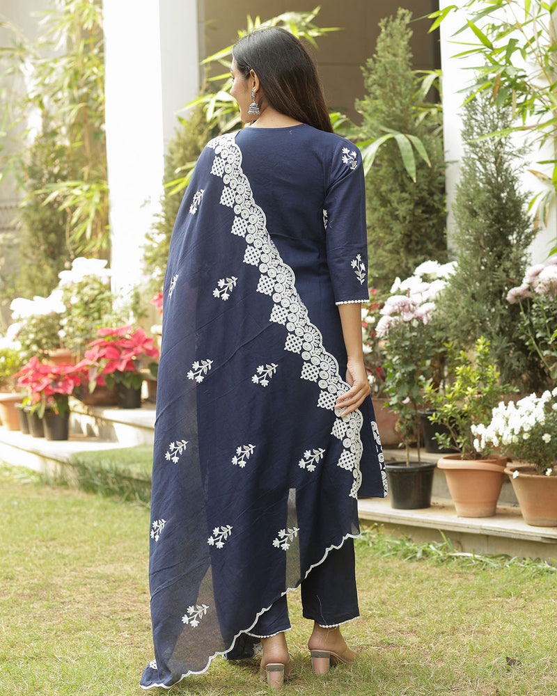 NAVY BLUE EMBROIDERED COTTON FLEX SUIT SET