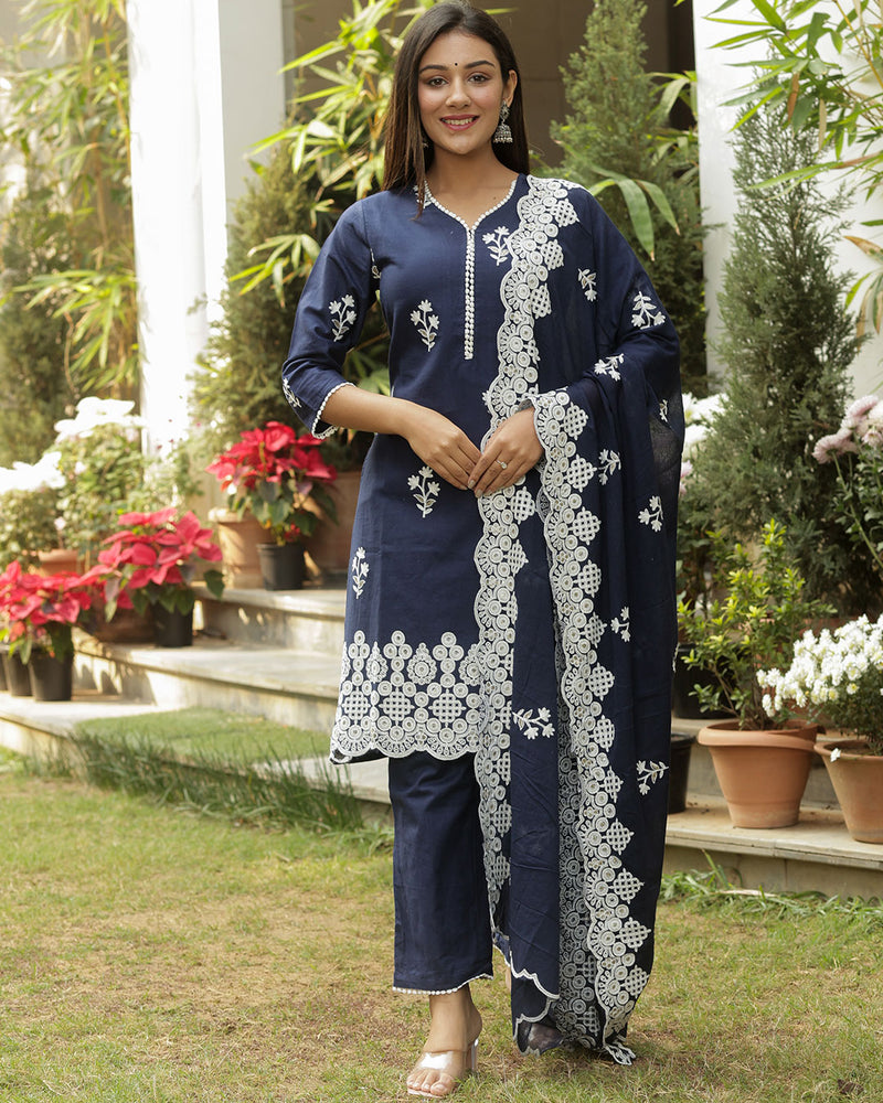 NAVY BLUE EMBROIDERED COTTON FLEX SUIT SET