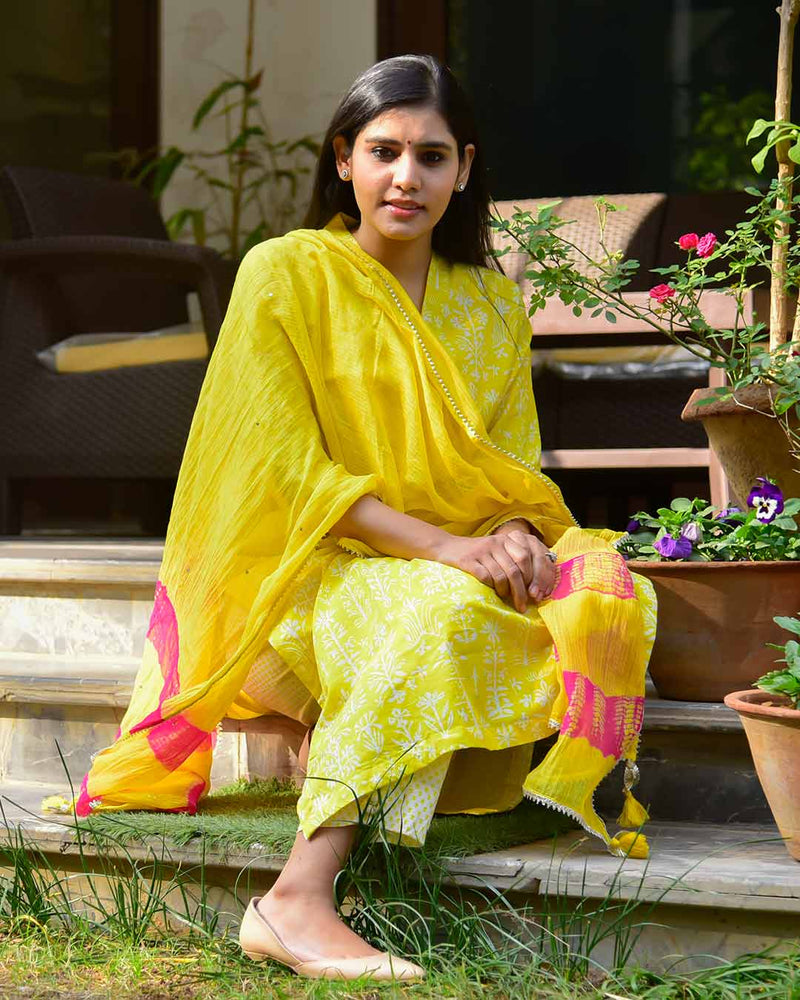 LIME GREEN & YELLOW HANDBLOCK SUIT SET
