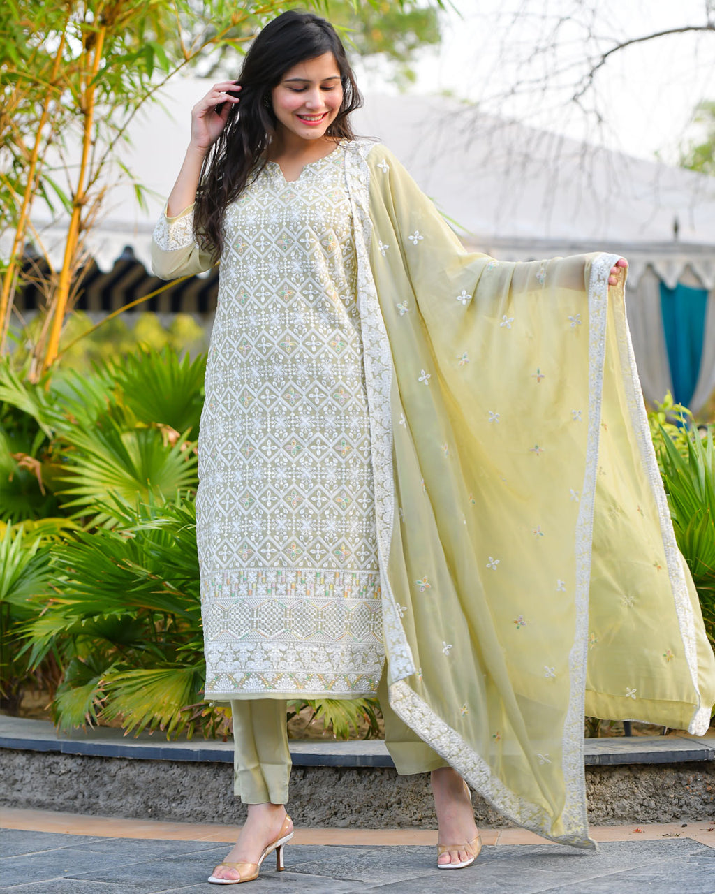 OLIVE GEORGETTE SUIT SET WITH EMBROIDERY